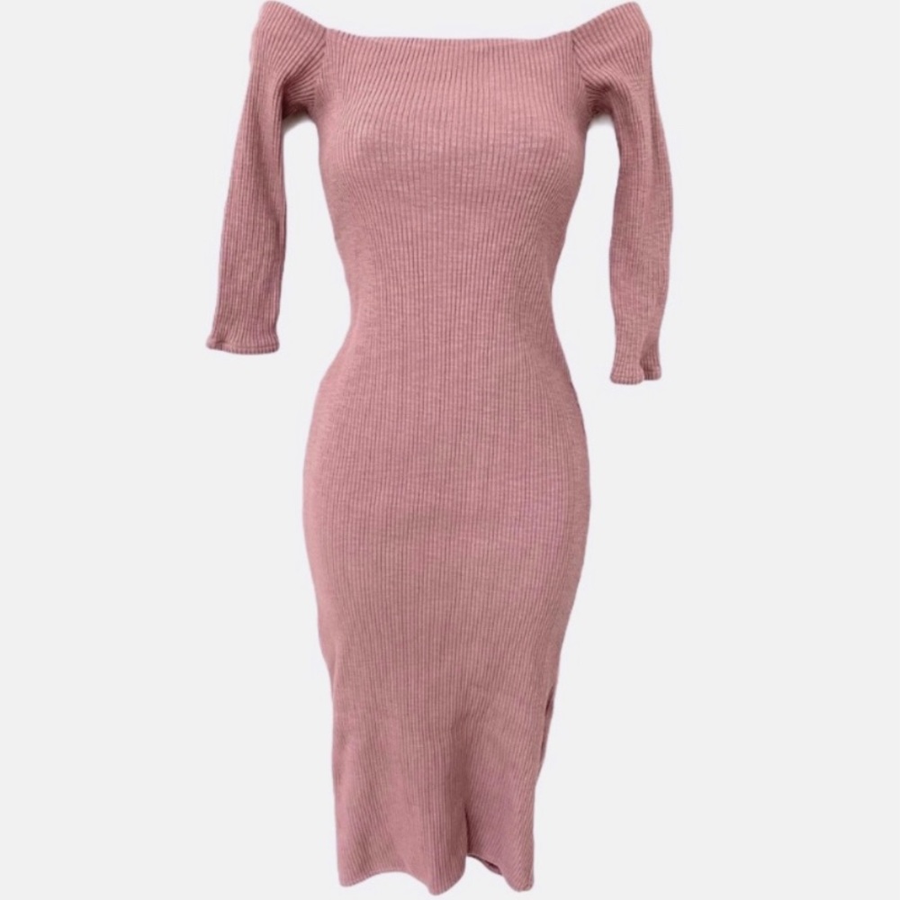 Zara Bodycon Fitted Off The Shoulder Stretchy Ribbed Knit 3/4 Sleeve Midi Dress